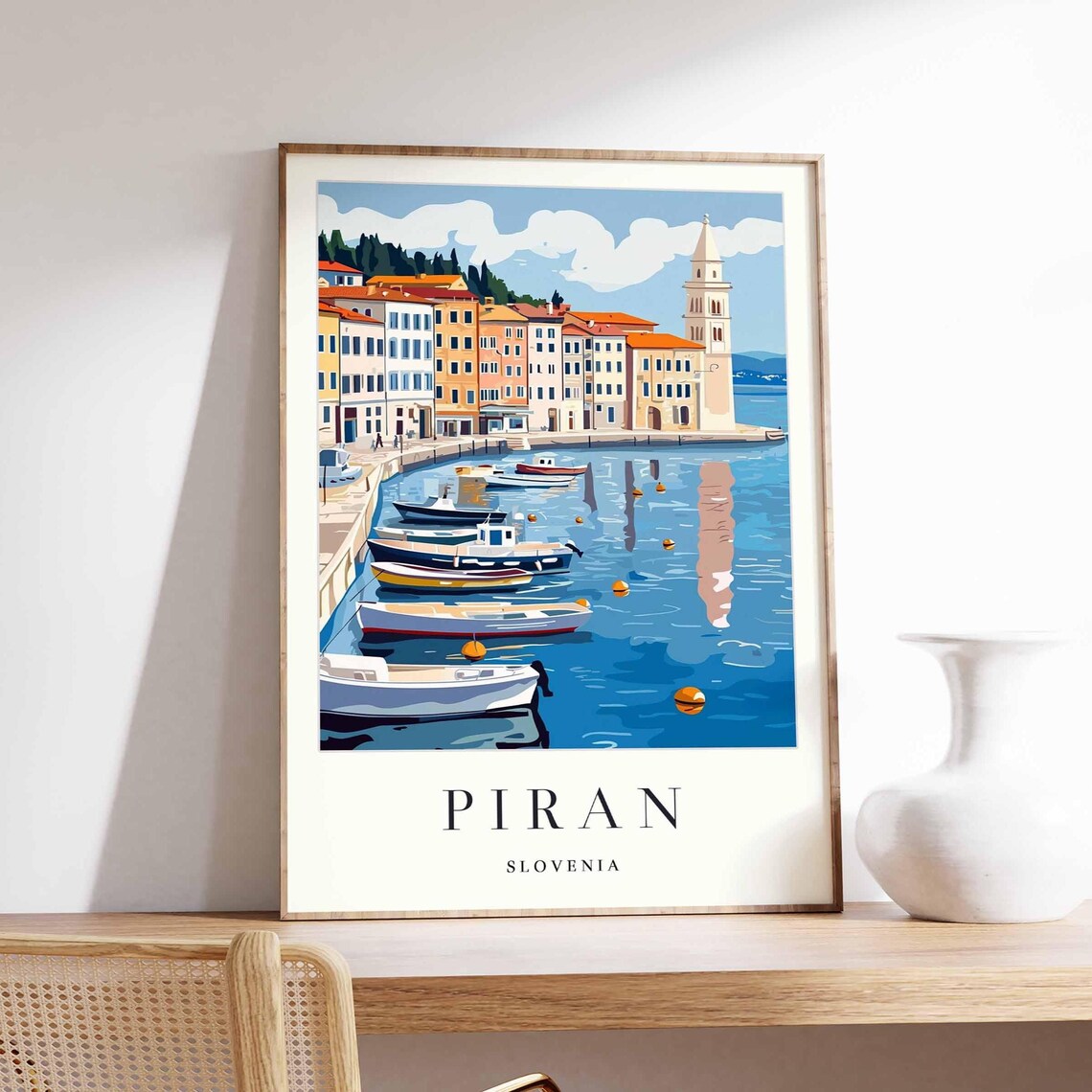 Piran Slovenia Harbor Fishing Boats Waterfront Bell Tower Poster