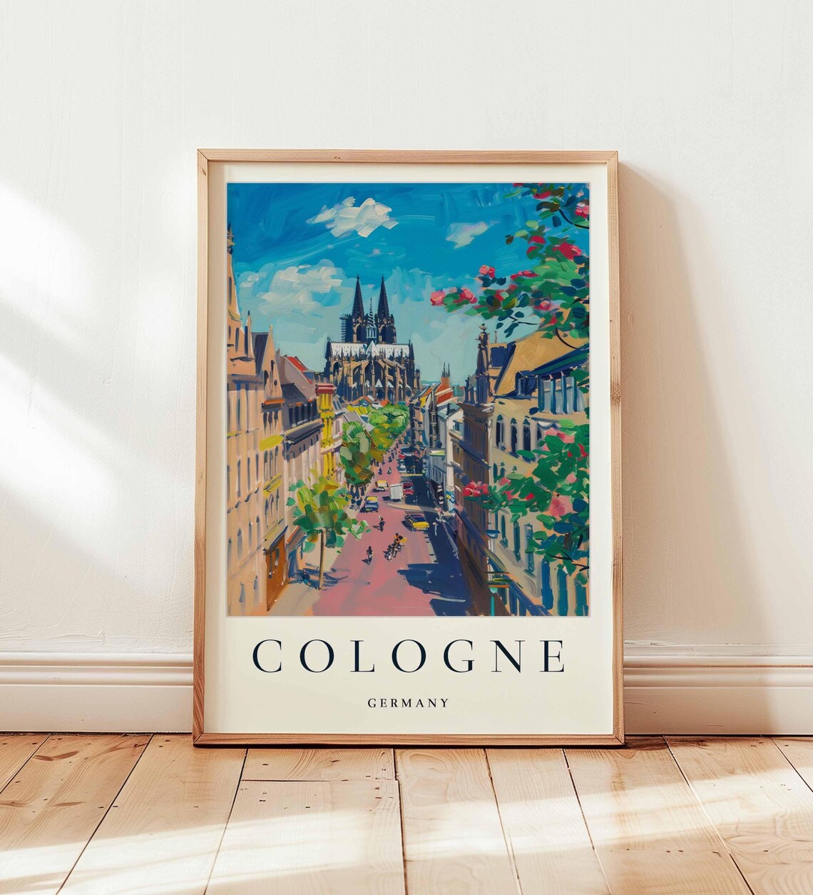 Cologne Germany Gothic Cathedral Riverside Street Watercolor Travel Poster