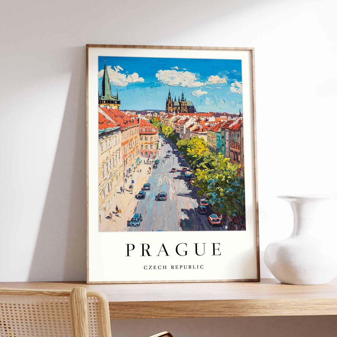 Prague Grand Boulevard Church Castle Traffic Painterly Poster