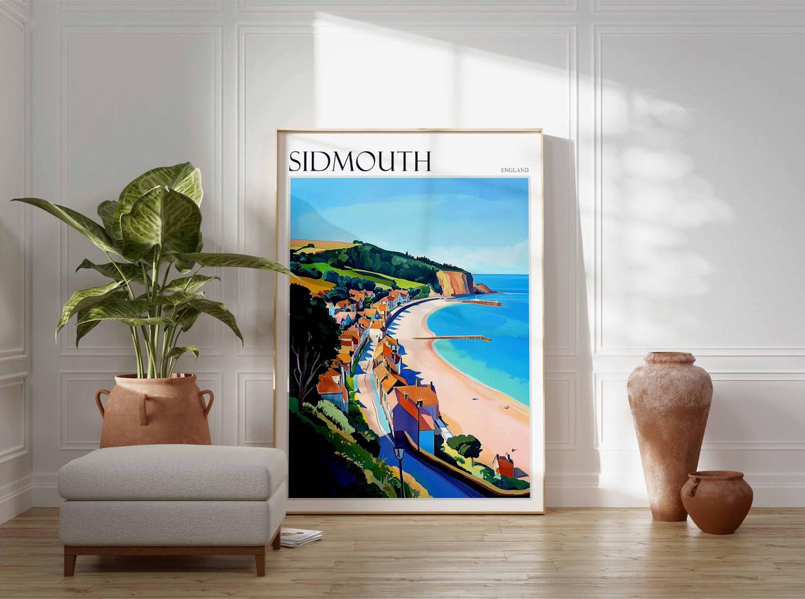 Sidmouth England Curved Beach Coastal Road Red Cliffs Art Poster - Image 2