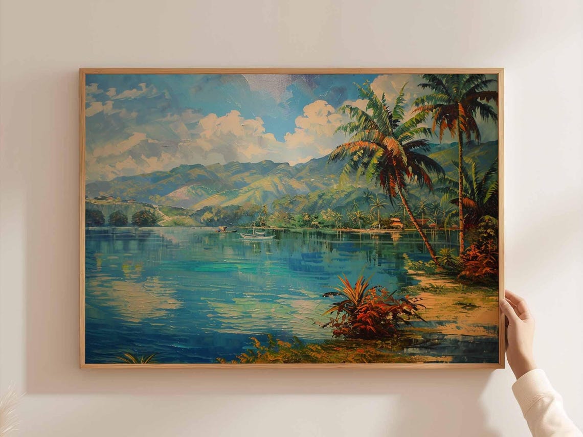 Cebu Lake Palm Trees Mountains Serene Water Reflection Art Poster