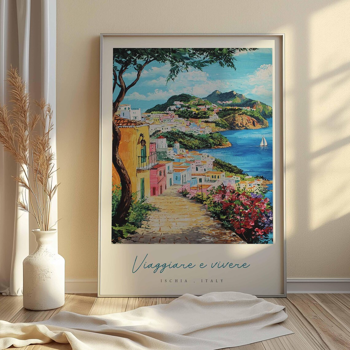 Ischia Italy Cobblestone Lane Colorful Houses Sea View Poster - Image 2