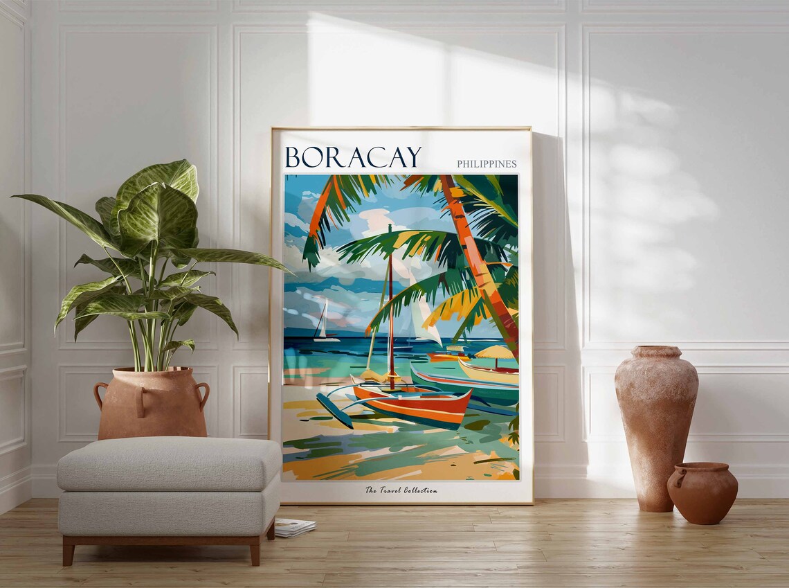Boracay Philippines Tropical Beach Sailboats Travel Art Poster - Image 2