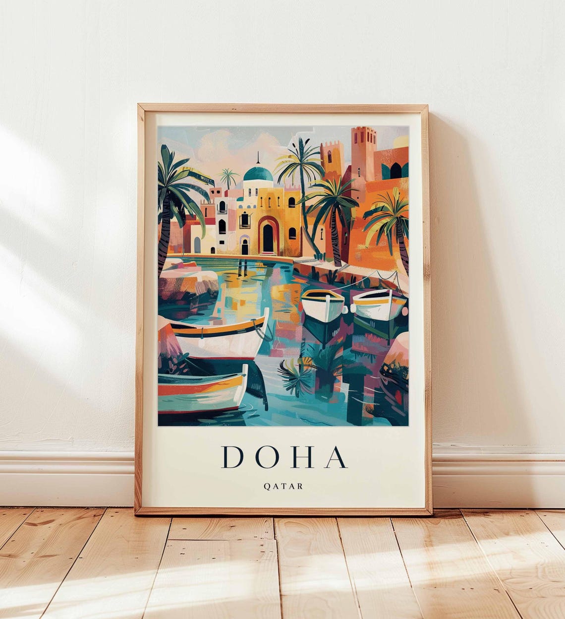 Doha Qatar Harbor Boats Dome Skyline Scene Vintage Art Poster