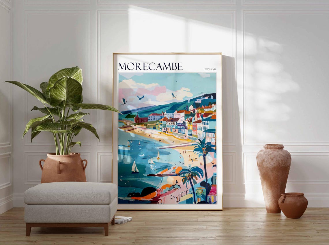 Morecambe England Sunny Seaside Promenade Palm Trees Sailboats Poster - Image 3