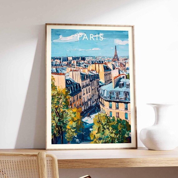 Paris Poster France Travel Print Eiffel Tower Cityscape Wall Decor Louvre Museum View Parisian City Gift