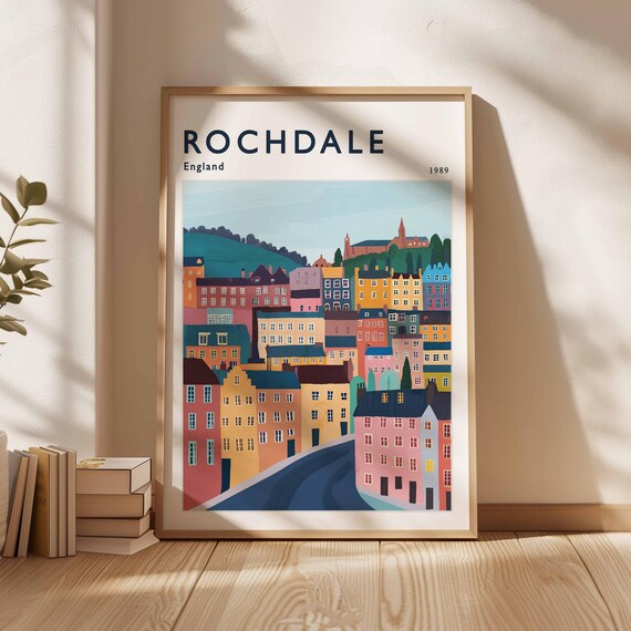 Rochdale England 1989 Colorful Hillside Town Painted Travel Poster
