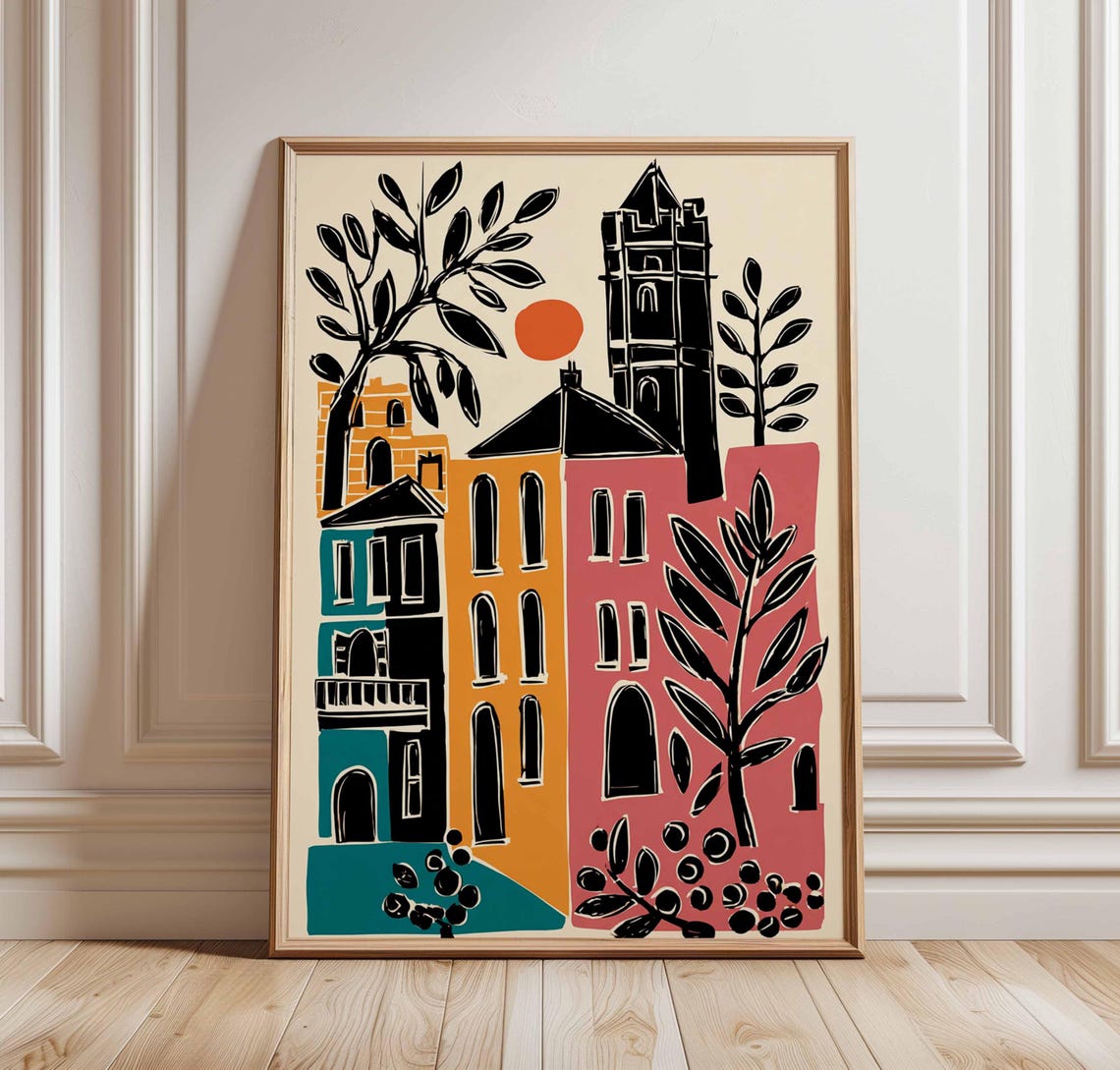 Mid Century City Buildings Orange Sun Graphic Illustration Poster