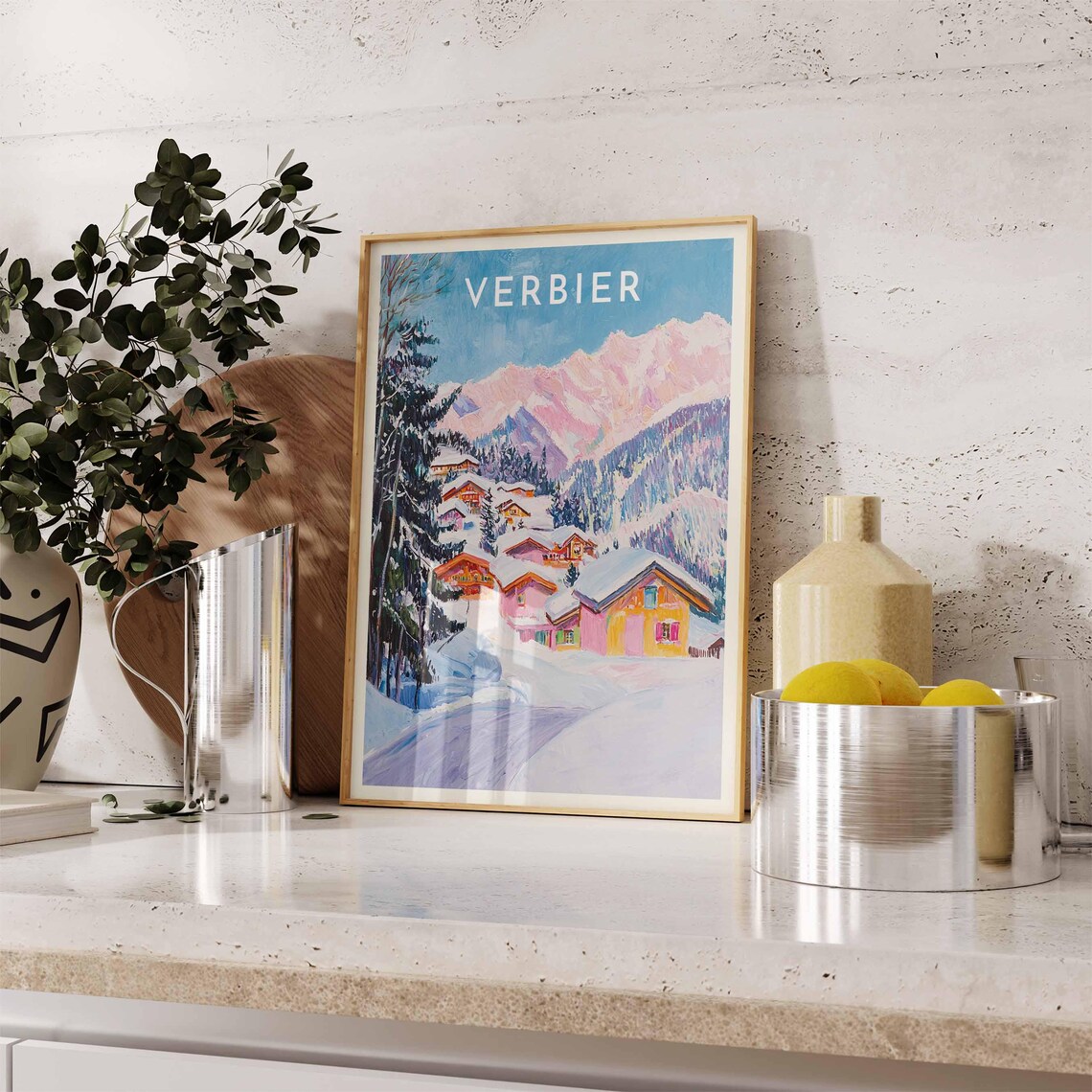Verbier Switzerland Colorful Chalets Pink Peaks Winter Travel Poster - Image 2