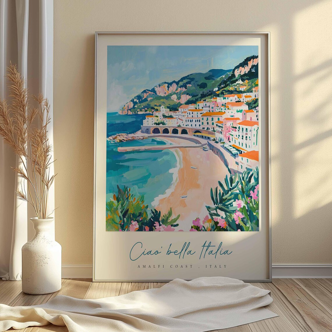 Amalfi Coast Curved Beach Arches Town Floral Travel Art Poster - Image 2