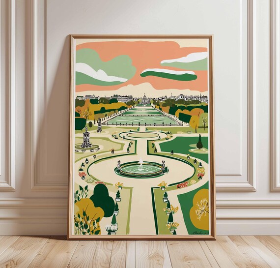 Grand European Garden Fountain Vista Sunset Skyline Travel Poster