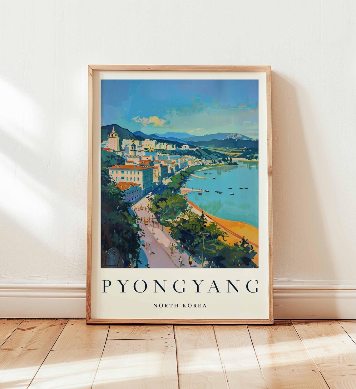 Pyongyang North Korea Riverside Cityscape Scenic Travel Poster