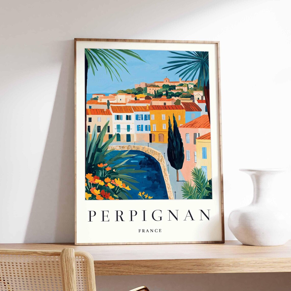 Perpignan France Stone Canal Bridge Palm Trees Flower Garden Poster