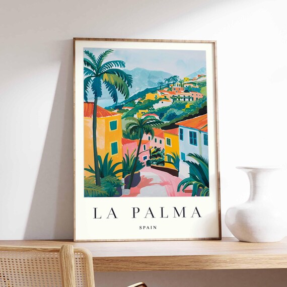 La Palma Spain Village Street Palm Trees Colorful Travel Poster