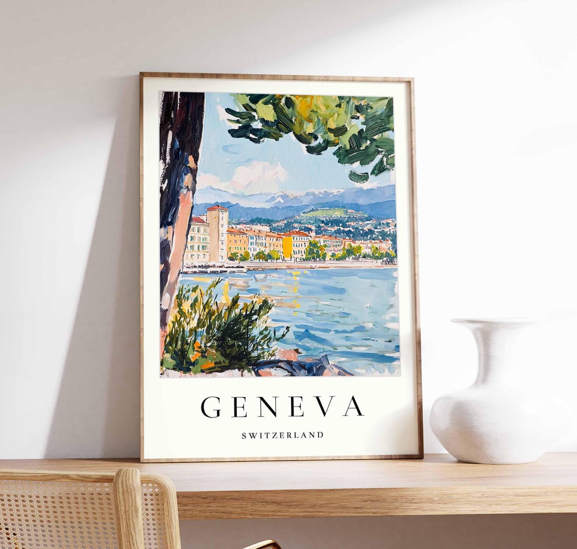 Geneva Switzerland Impressionist Lakefront City View Art Poster