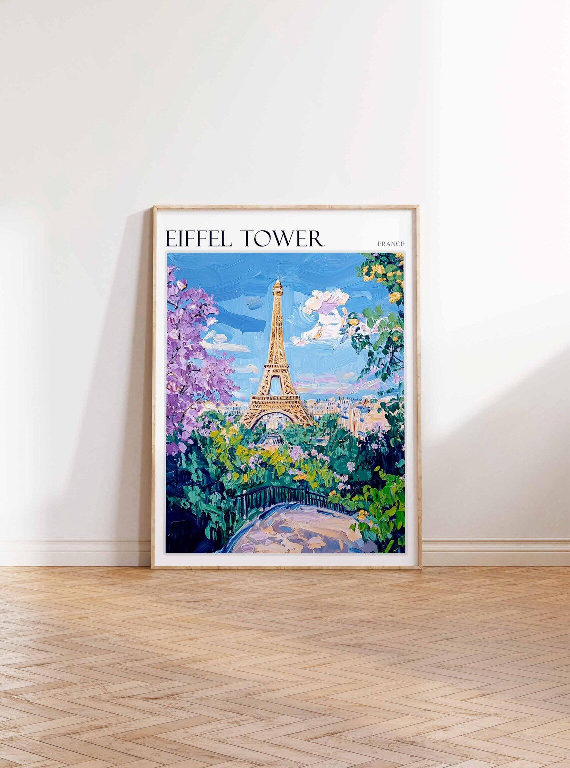 Eiffel Tower France Travel Poster Lilac Garden Bridge Blossom Painting - Image 3