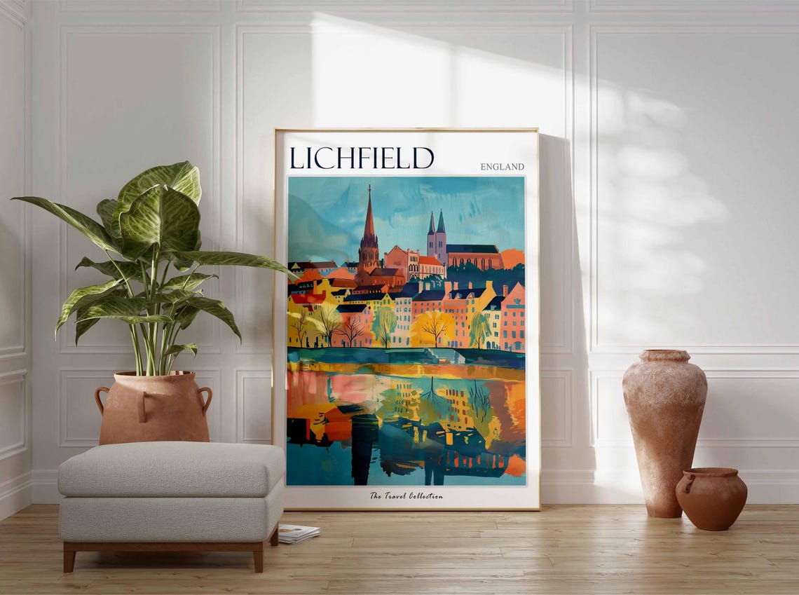 Lichfield England Cathedral Spire River Reflection Art Travel Poster - Image 2