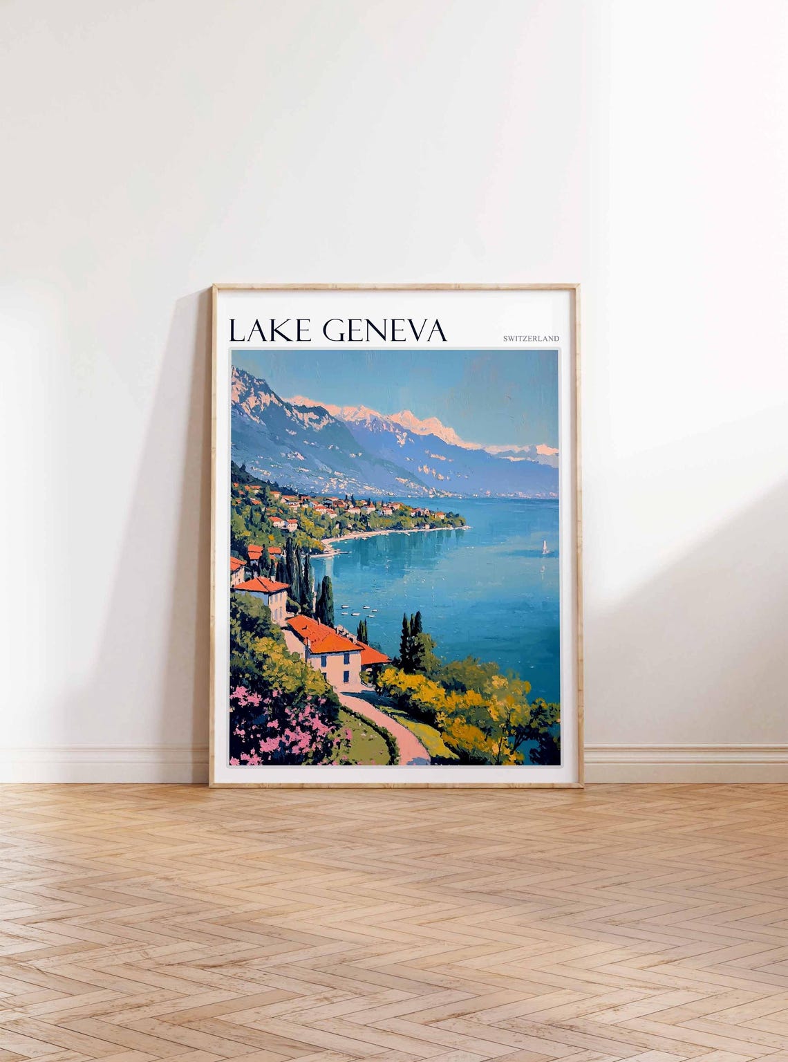 Lake Geneva Switzerland Curving Shoreline Town Alpine Poster - Image 3