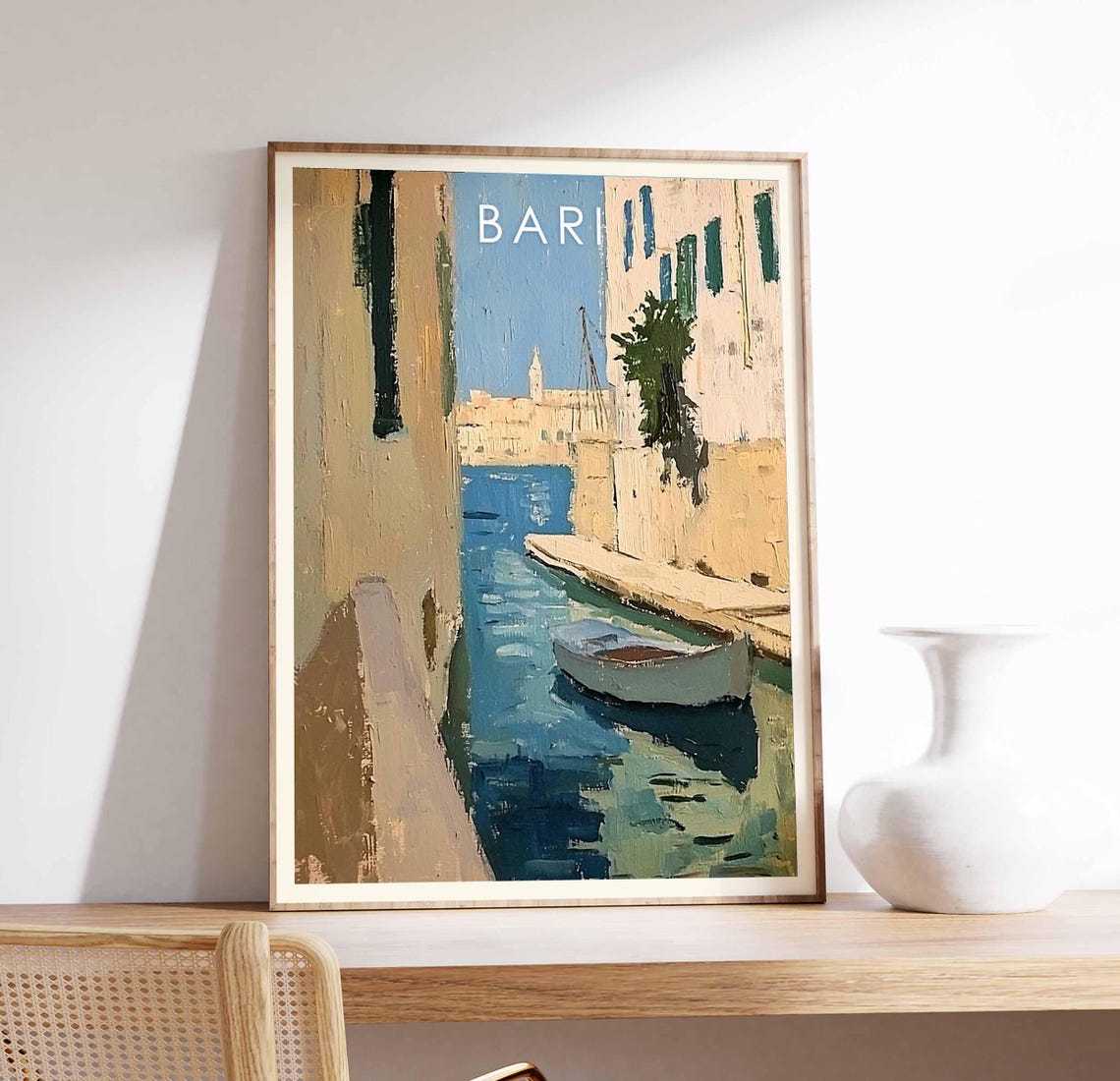 Bari Italy Harbor Boat Painterly Coastal Scene Vintage Art Poster