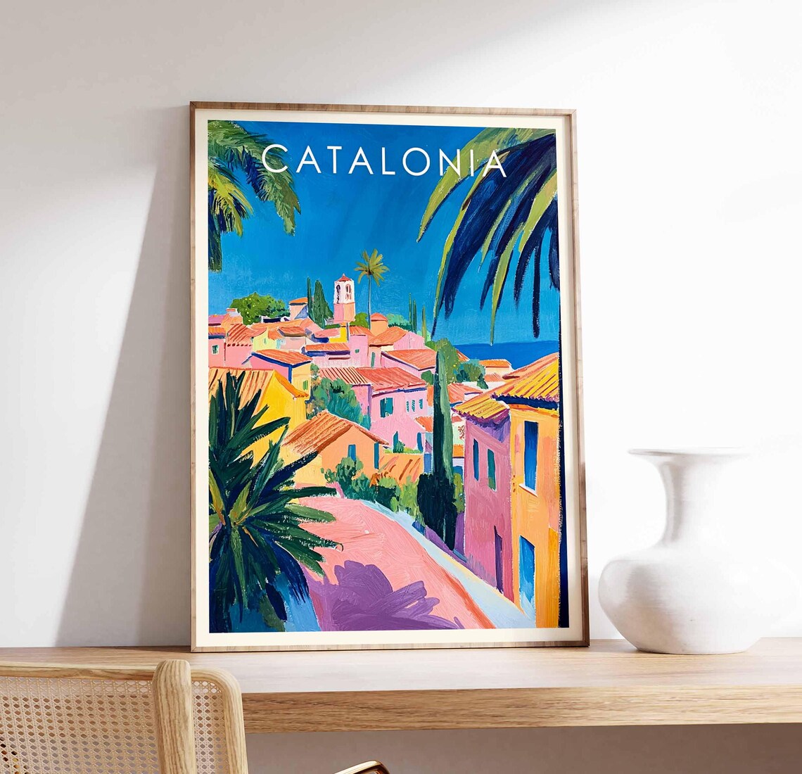 Catalonia Spain Coastal Town Travel Poster Colorful Mediterranean Scene