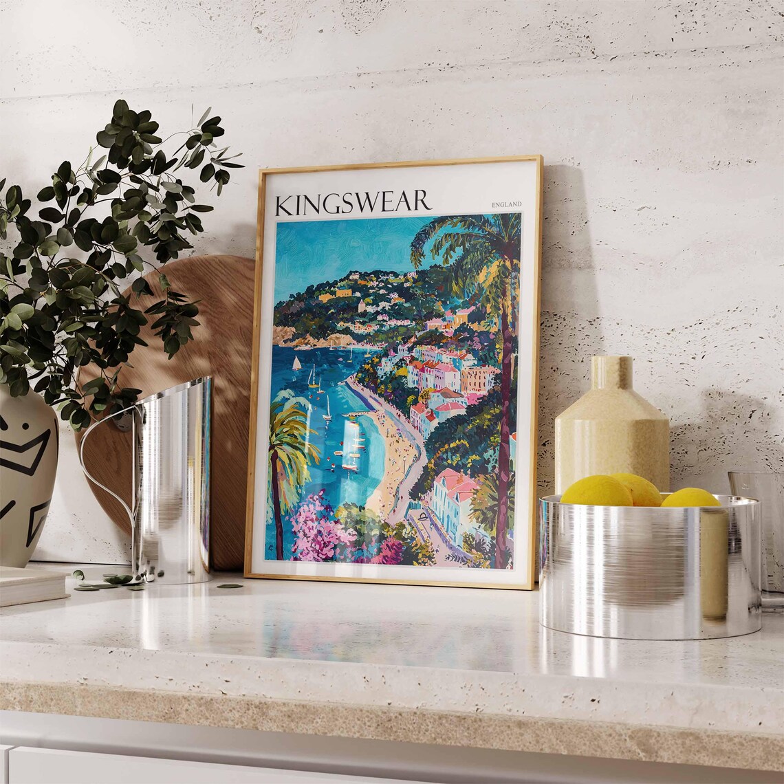 Kingswear England Palm Trees Sailing Bay Hillside Houses Poster - Image 2