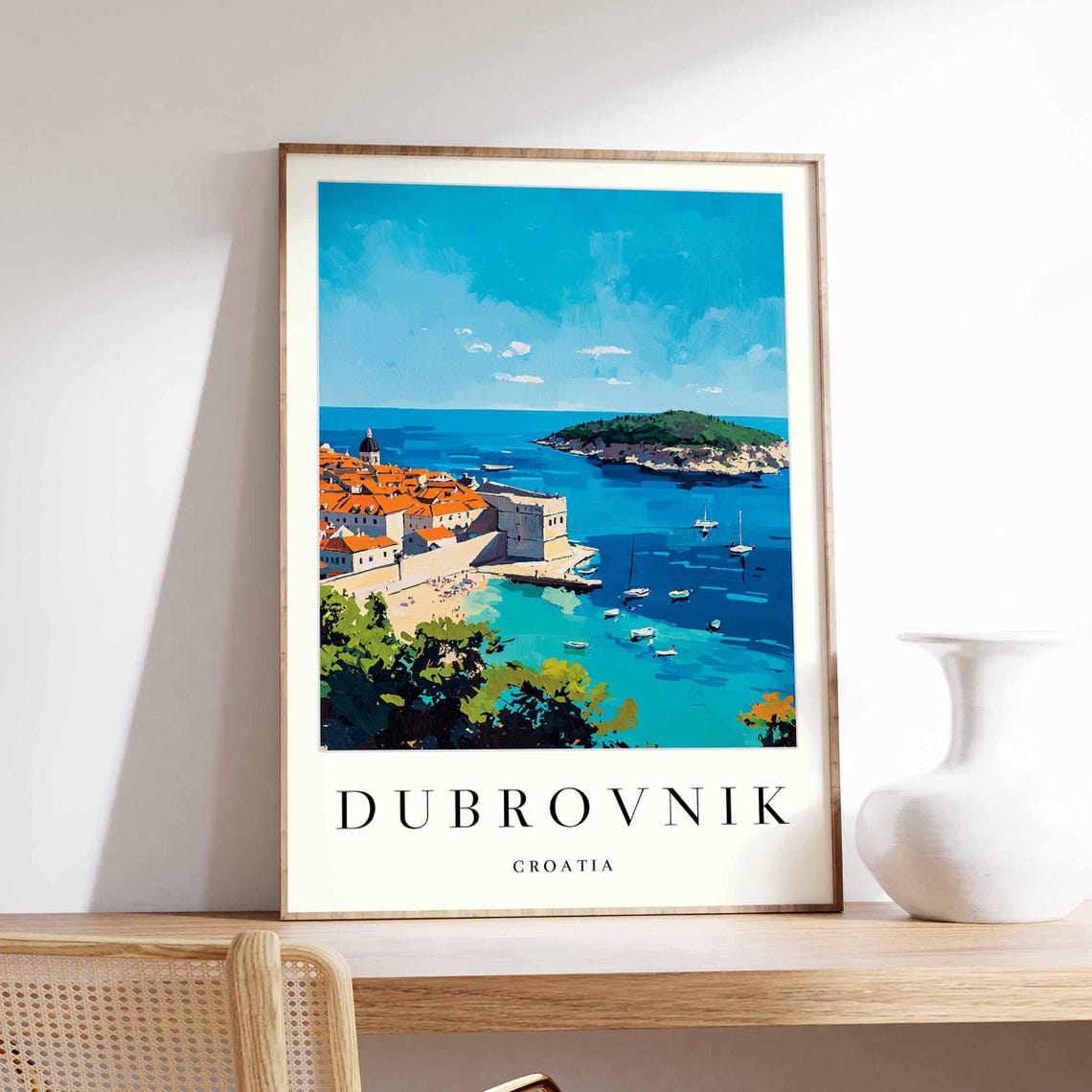 Dubrovnik Croatia St John Fortress Bay Beach View Travel Poster