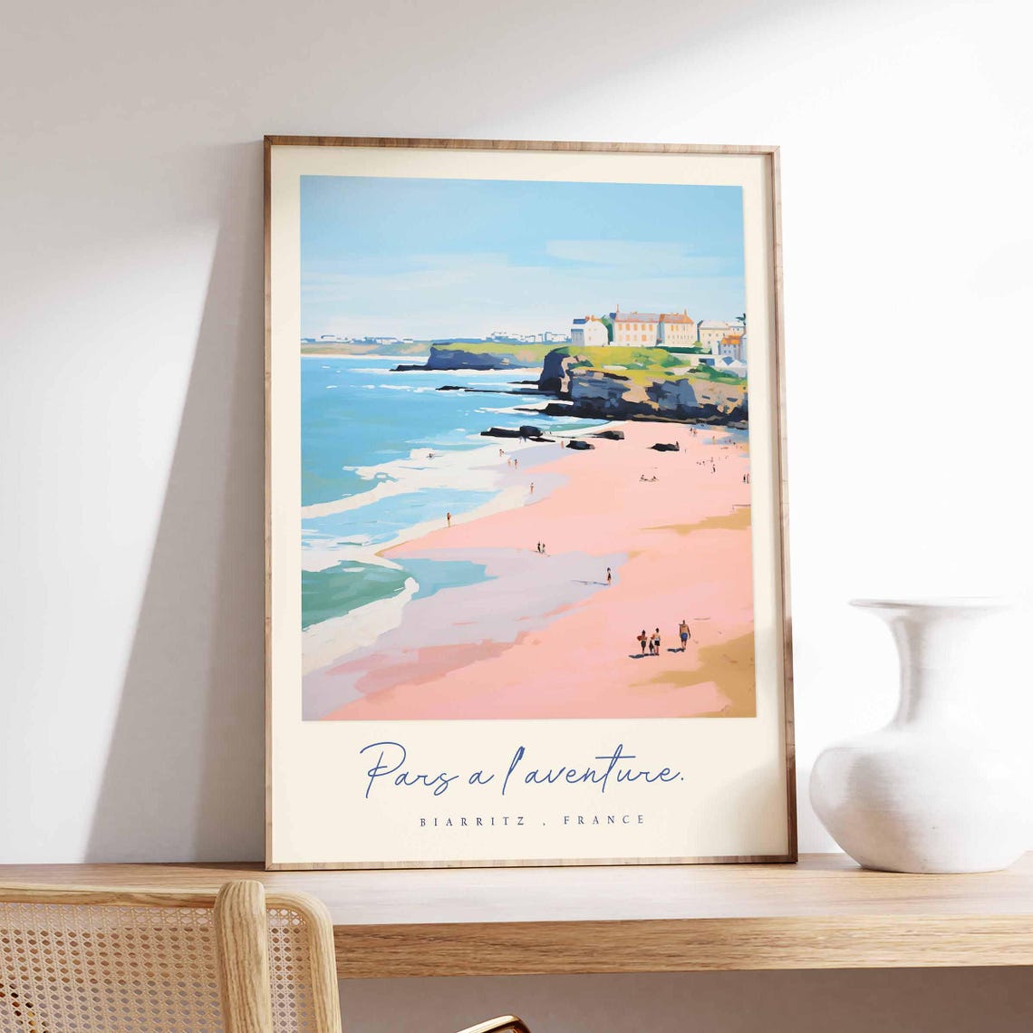 Biarritz France Pink Beach Cliffs Coastal Walkers Seascape Art Poster
