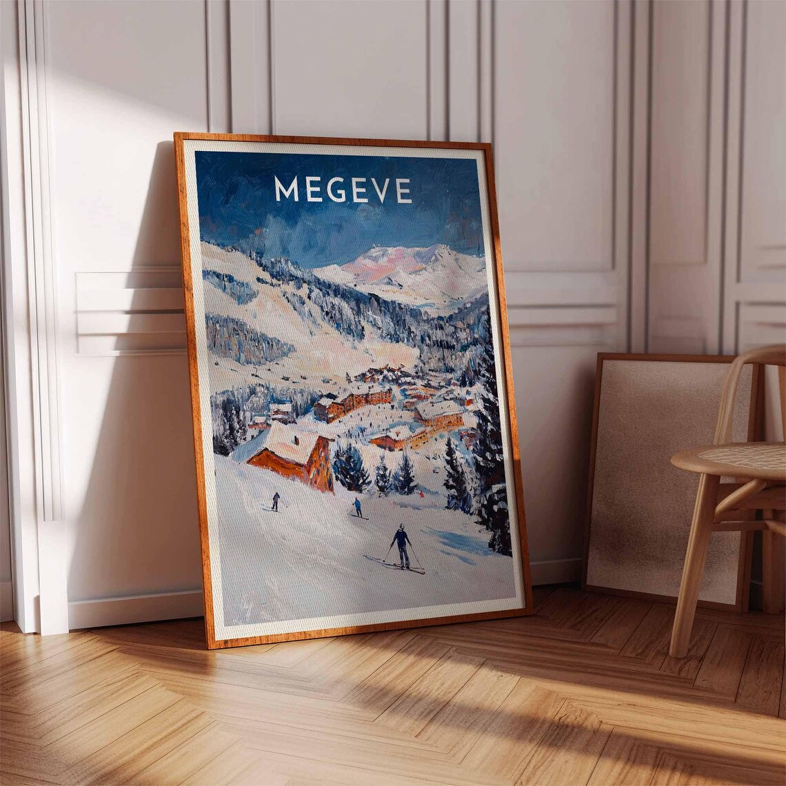 Megeve France Dusk Skiers Alpine Resort Village Evening Scene Poster - Image 3