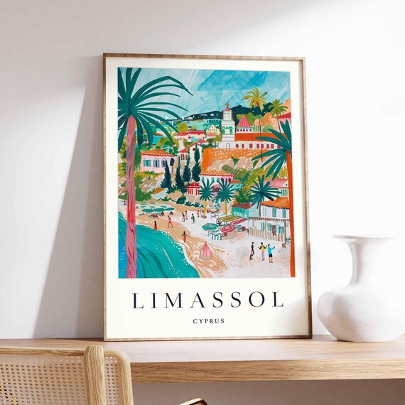 Limassol Cyprus Colorful Palm Beach Town Scenic Travel Poster