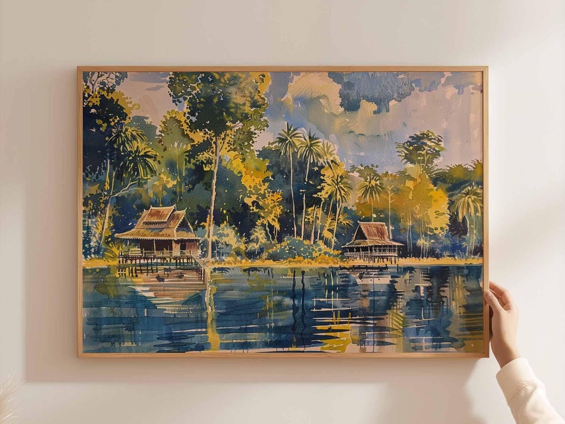 Cambodia Stilt Huts River Palms Tropical Watercolor Painting Poster