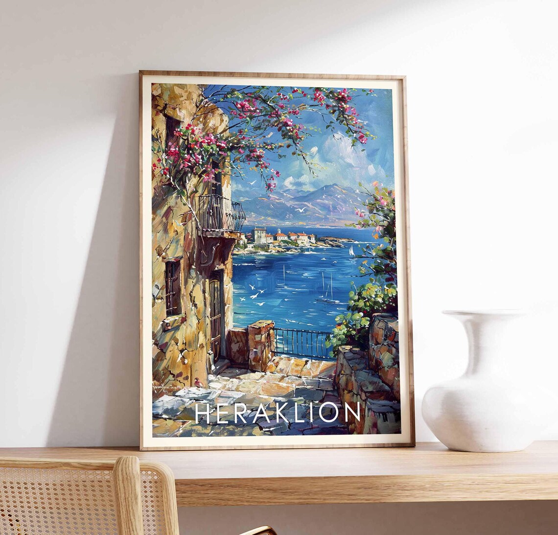 Heraklion Crete Painted Alley Bougainvillea Blue Sea View Poster