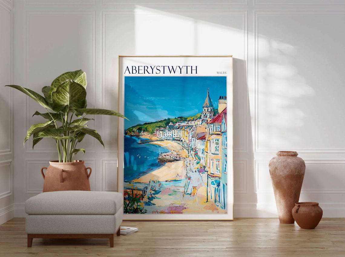 Aberystwyth Wales Seafront Bay Church Tower Painterly Travel Poster - Image 3