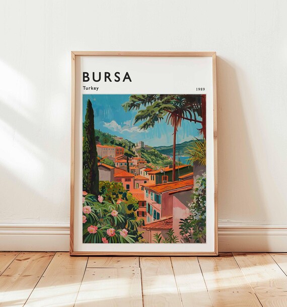 Bursa Turkey 1989 Retro Poster with Flower Gardens and Sea View