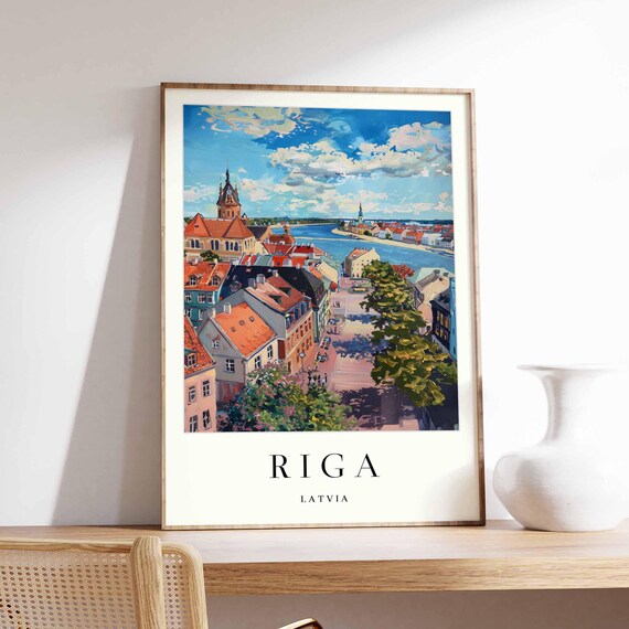 Riga Latvia Church Towers Along The Daugava River Bright Old Town Panorama Travel Poster