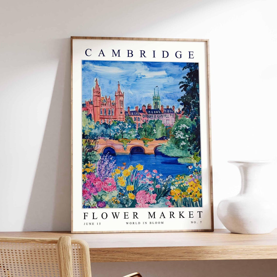 Cambridge Flower Market Red Brick College And Stone Bridge Poster