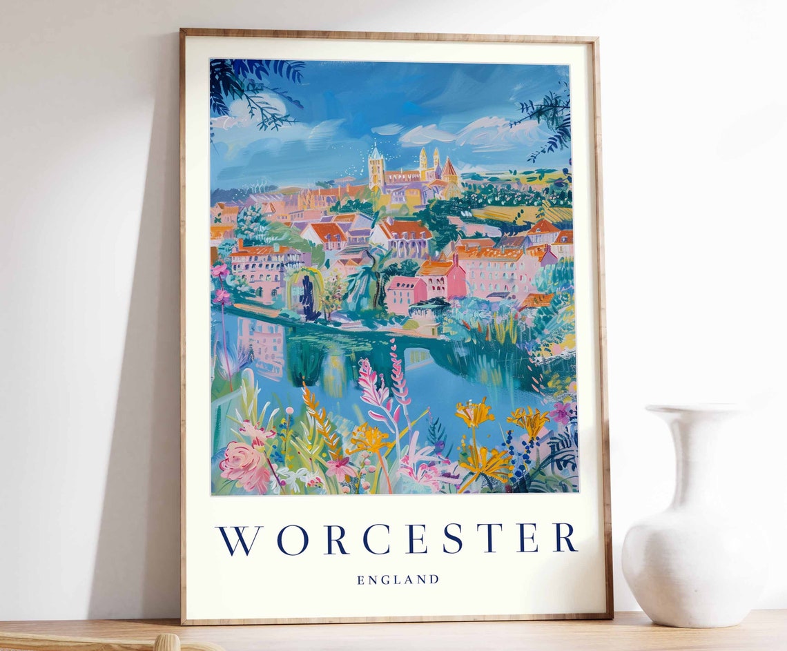 Worcester England Riverside Cathedral Wildflowers Travel Poster