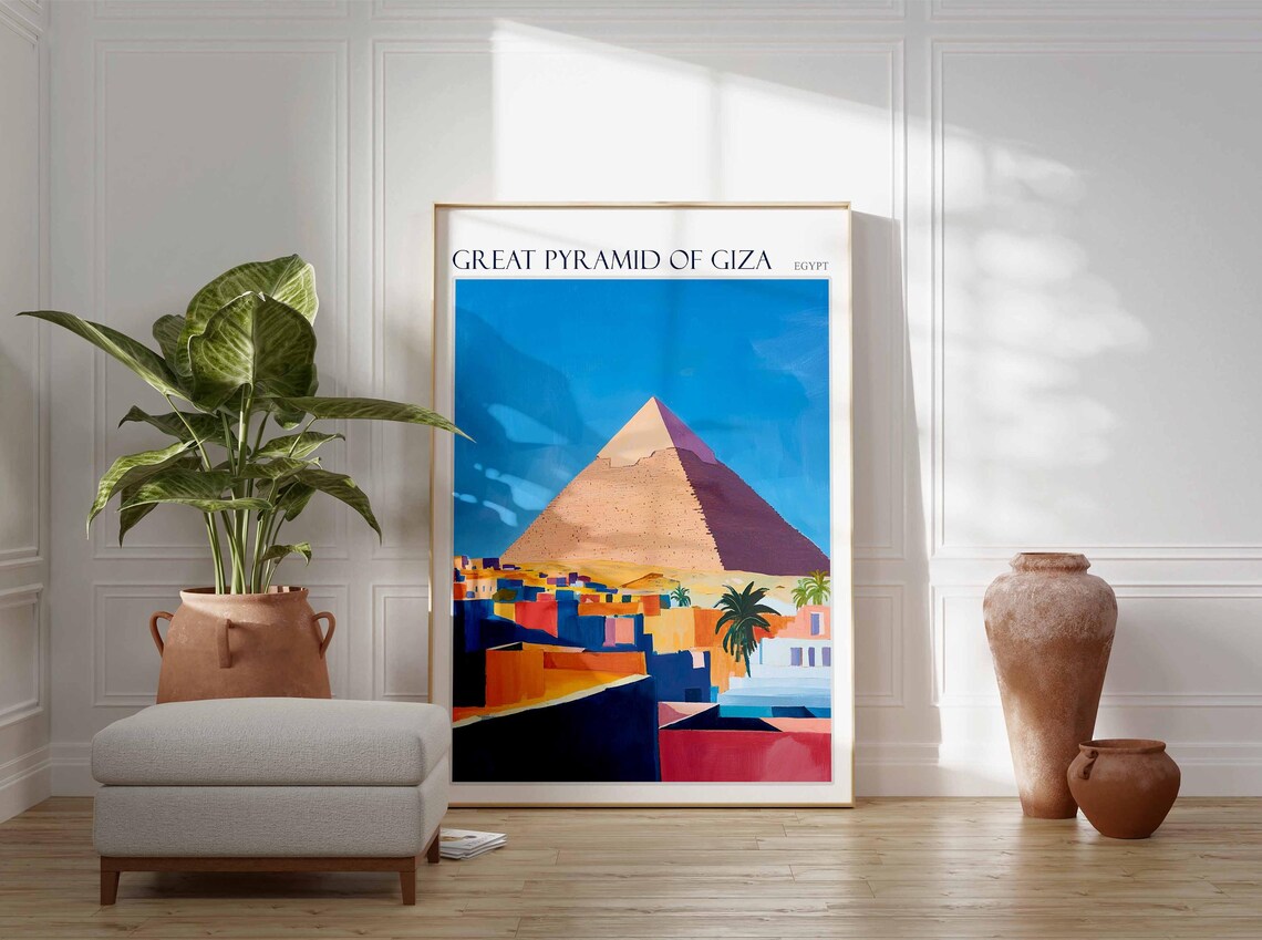 Great Pyramid of Giza Egypt Over Colorful Village Scene Poster - Image 2