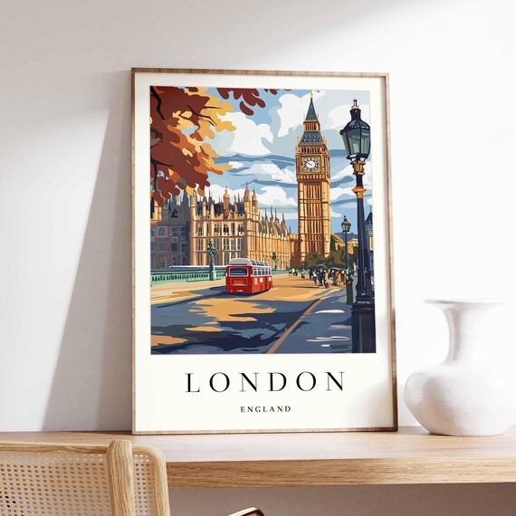 London England Poster of Big Ben and a Red Bus on a Golden Autumn Street