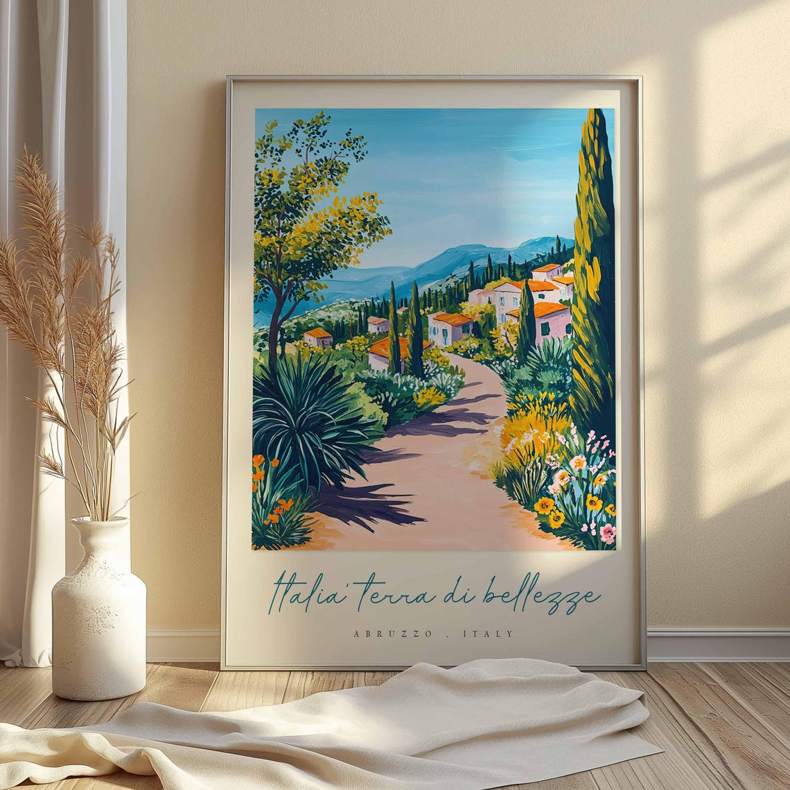 Abruzzo Italy Colorful Garden Path Cypress Village Travel Poster - Image 2