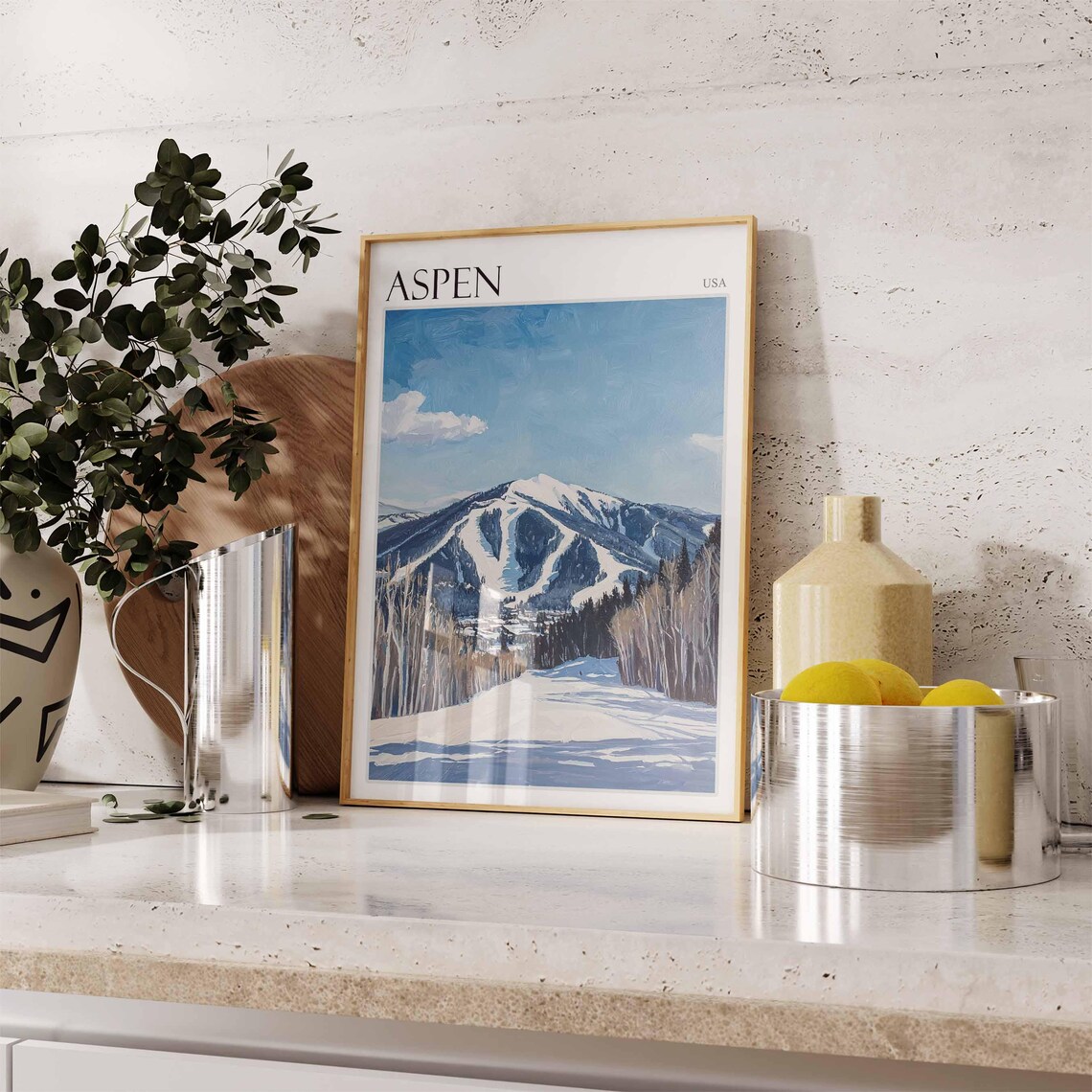 Aspen USA Classic Ski Trails On Snowy Mountain Blue Sky Poster - Image 2