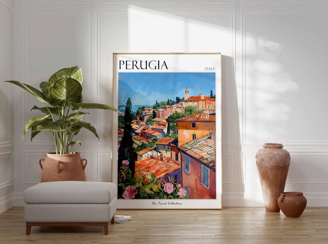 Perugia Italy Terracotta Rooftops Cypress Hilltop Town Poster - Image 2