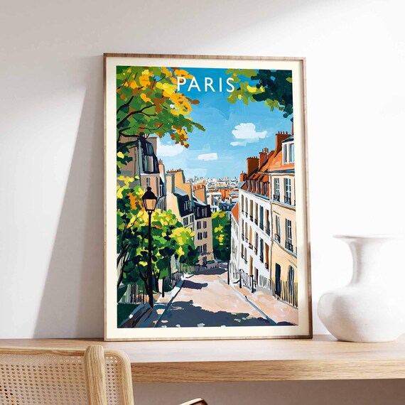 Paris Poster France Travel Print Eiffel Tower Cityscape Wall Decor Louvre Museum View Parisian City Gift