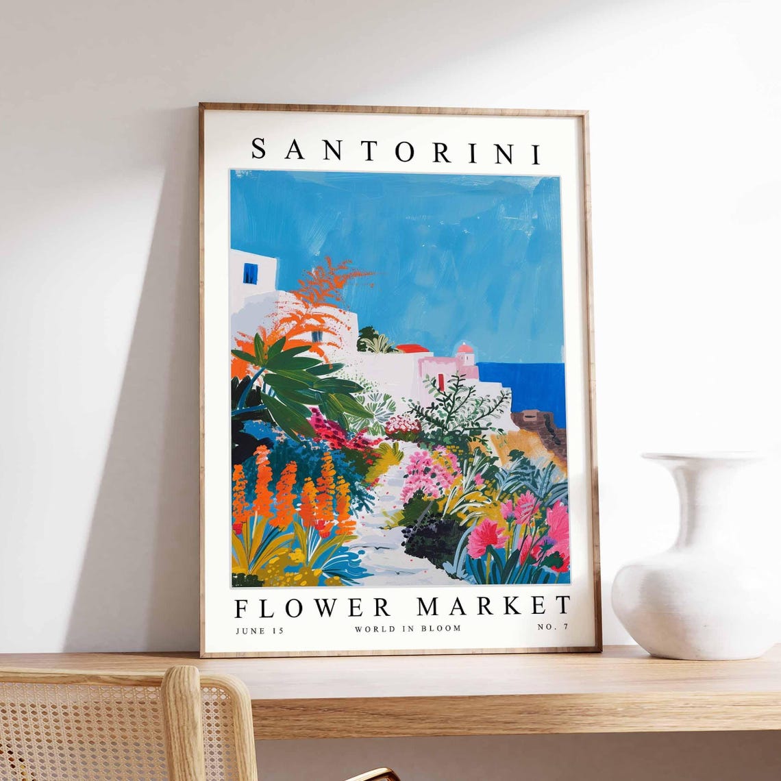 Santorini Flower Market Whitewashed Houses Bold Orange Bloom Poster