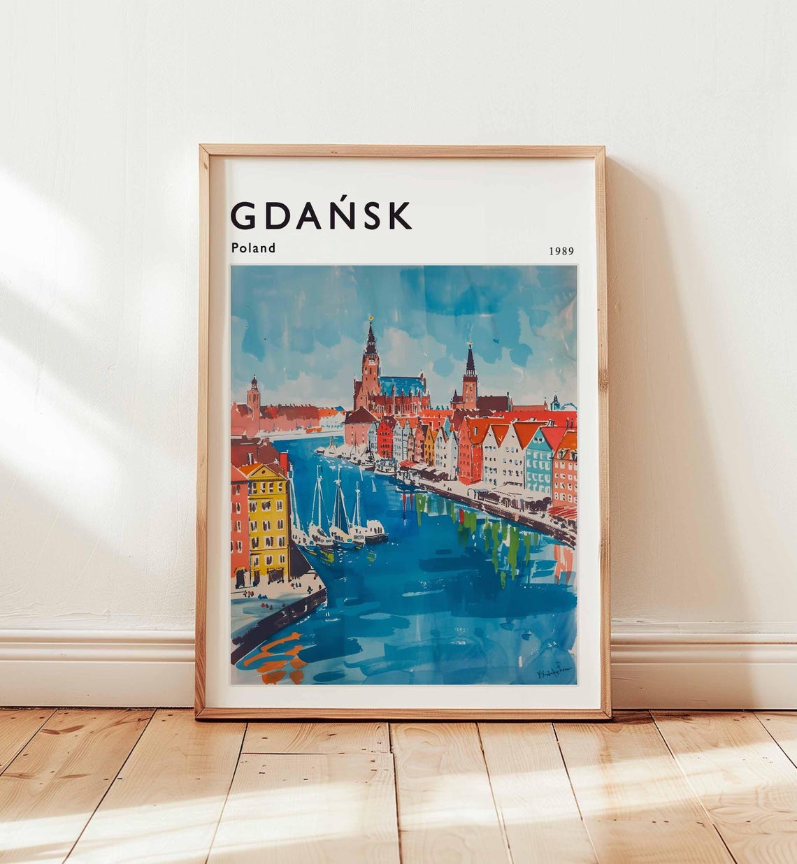 Gdańsk Poland River Waterfront Tall Ships 1989 Travel Poster