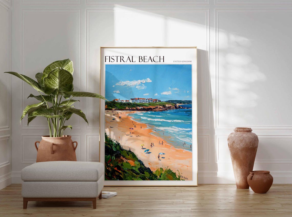 Fistral Beach United Kingdom Sunbathers Cliffs Town View Poster - Image 3