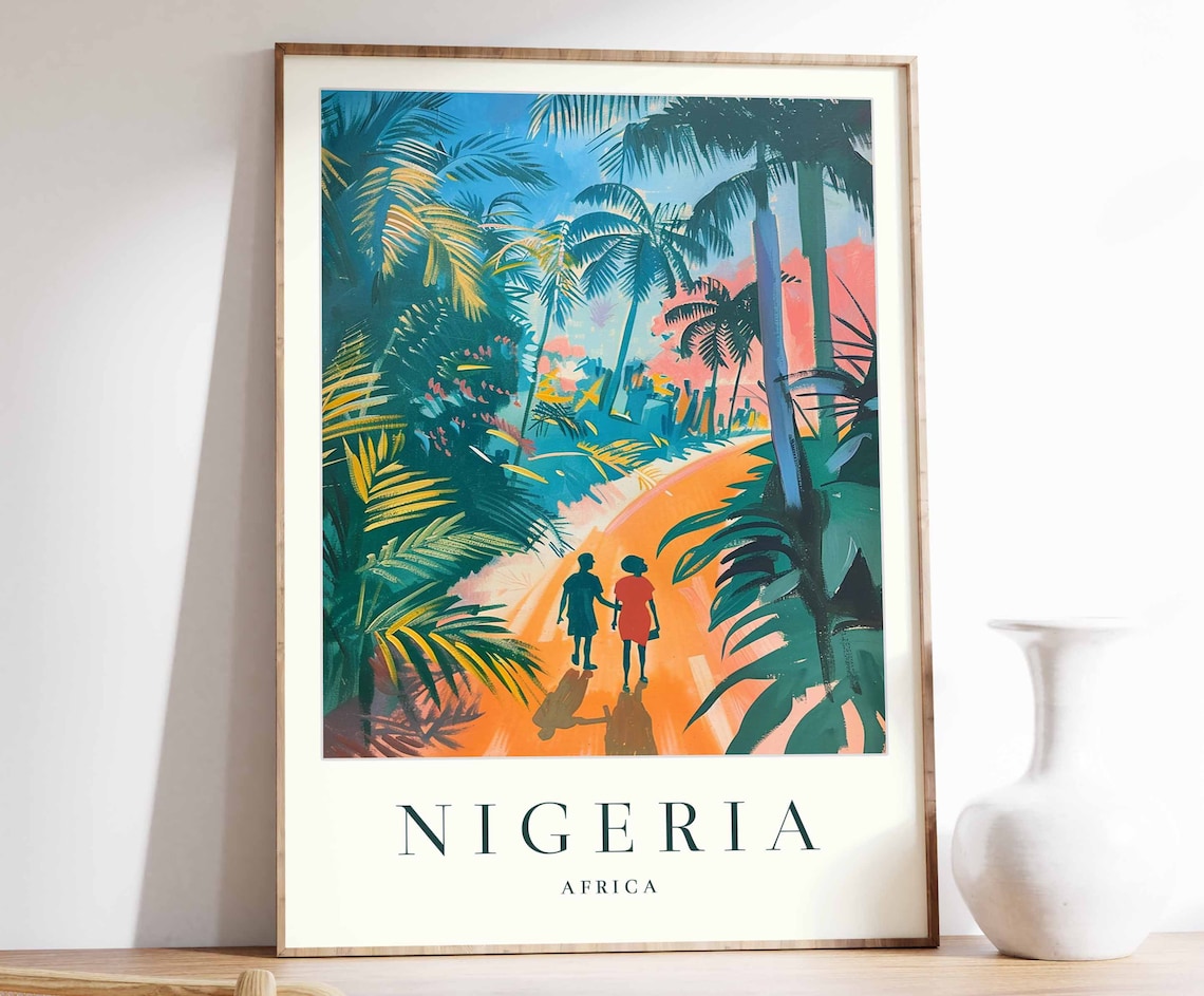 Nigeria Africa Tropical Palm Jungle Sunset Figures Road Poster