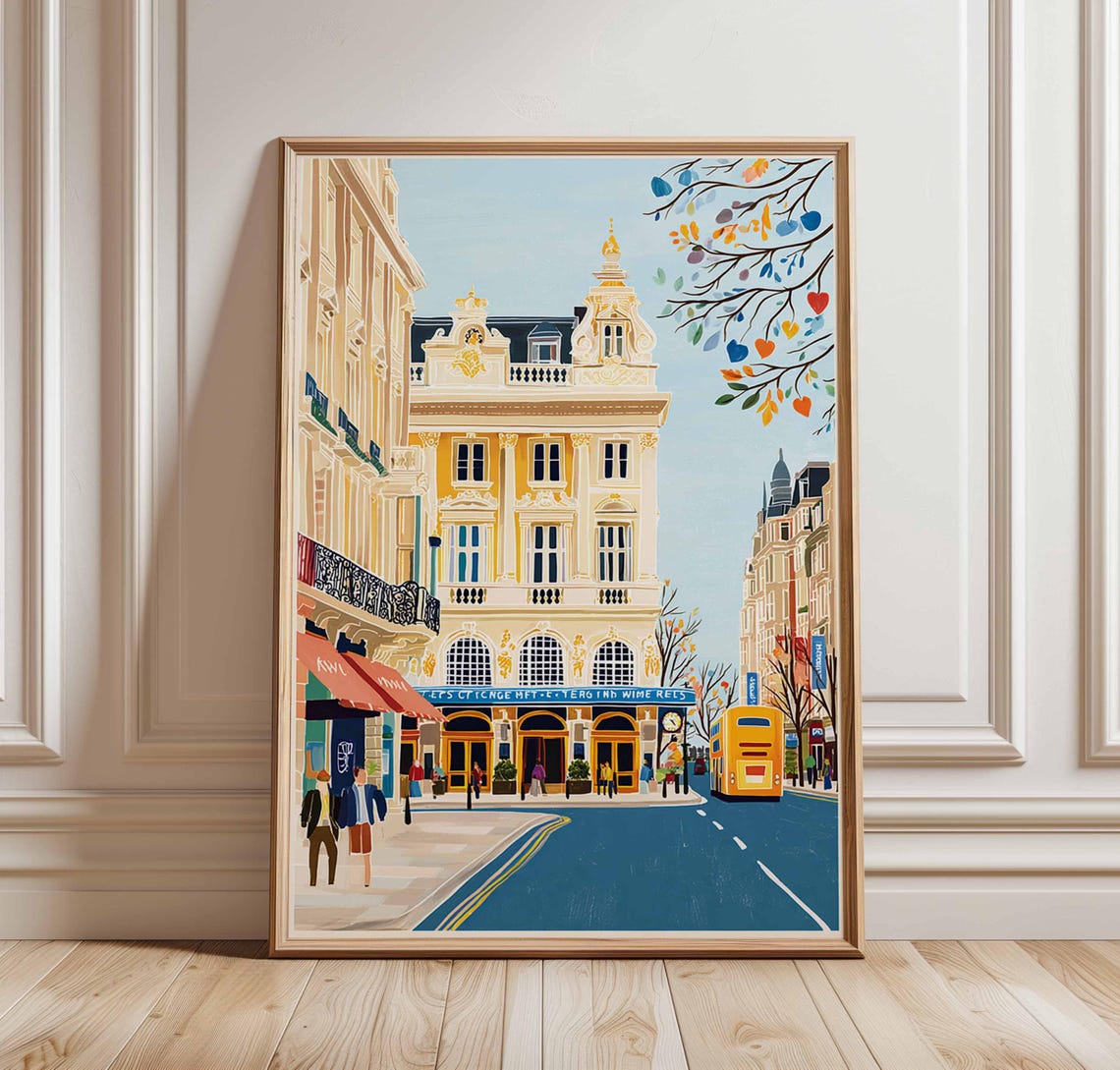 London Double Decker Bus Ornate Buildings Street Scene Travel Poster