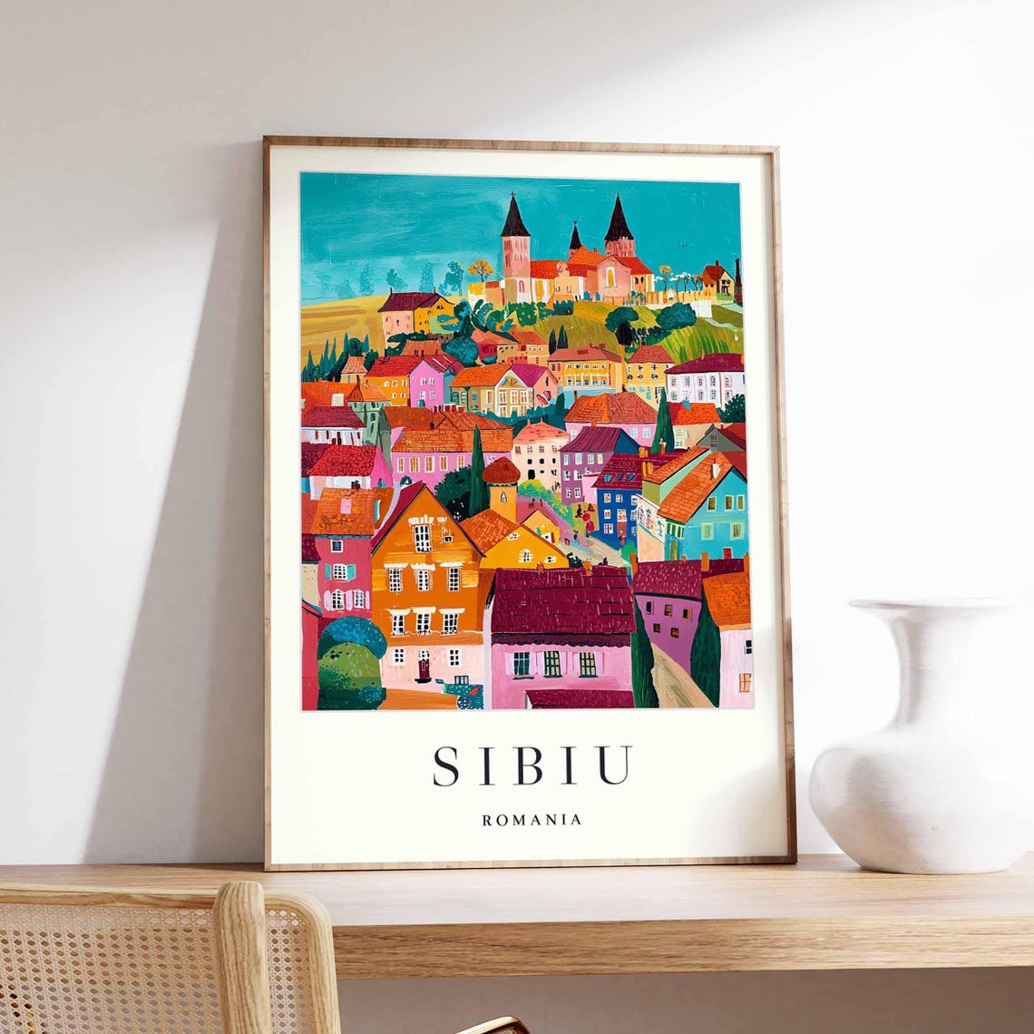 Sibiu Romania Twin Spire Church Colorful Houses Old Town Poster