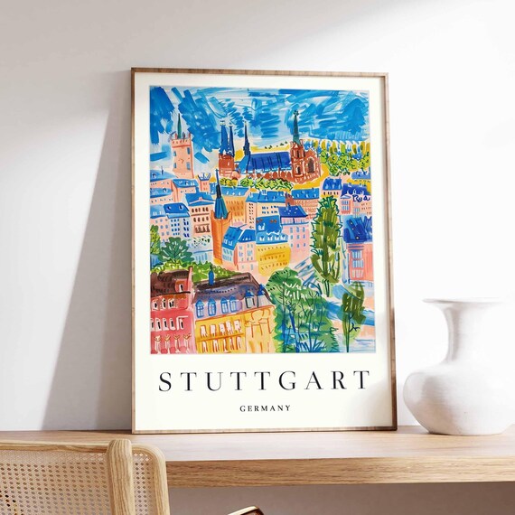 Stuttgart Germany Watercolor Old Town with Church Spires Art Poster