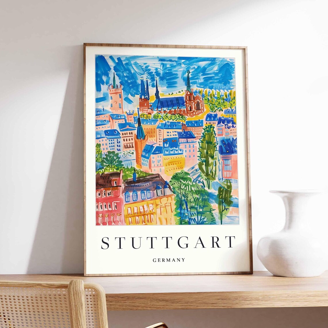 Stuttgart Germany Watercolor Old Town with Church Spires Art Poster